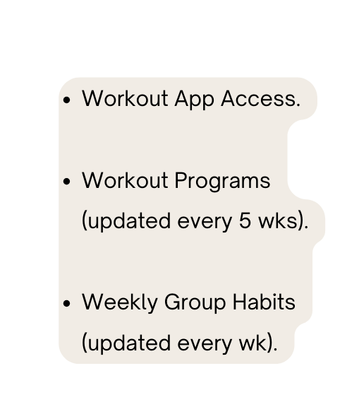 Workout App Access Workout Programs updated every 5 wks Weekly Group Habits updated every wk